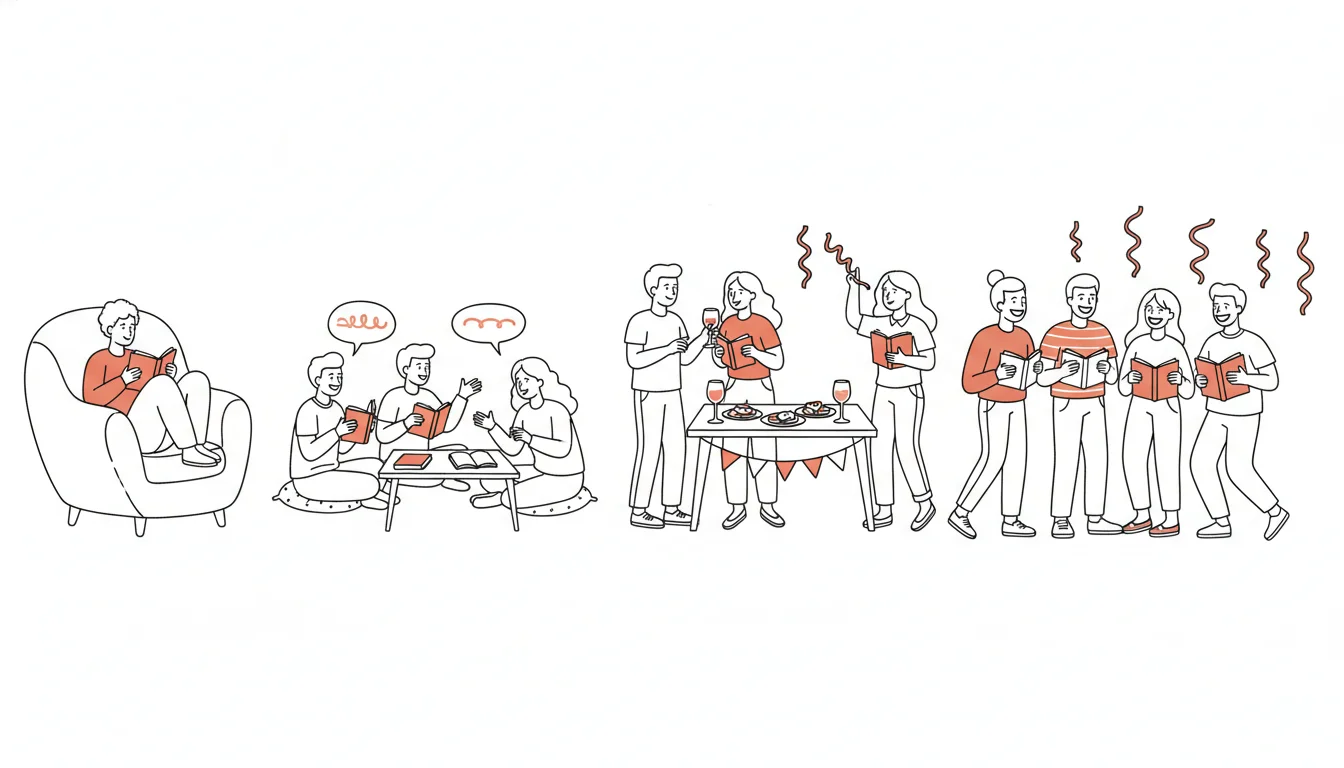 Book club scenes — reading, discussing, celebrating